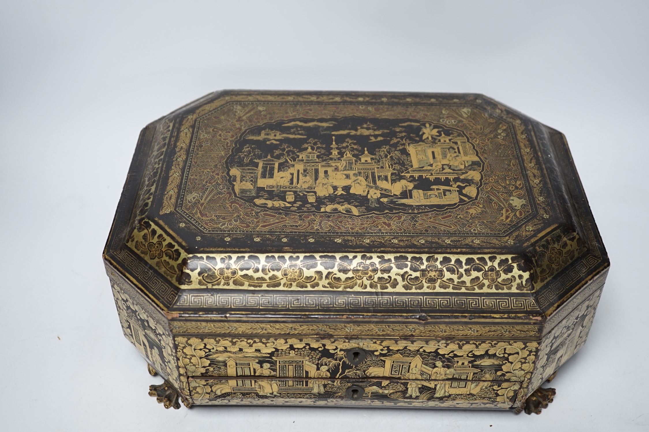 A mid 19th century Chinese export gilt decorated black lacquer work box and a George III mahogany tea caddy